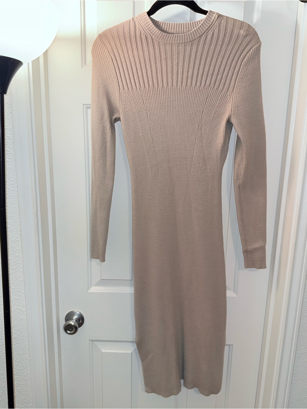 Prologue Long Sleeve Ribbed Midi Dress in Taupe